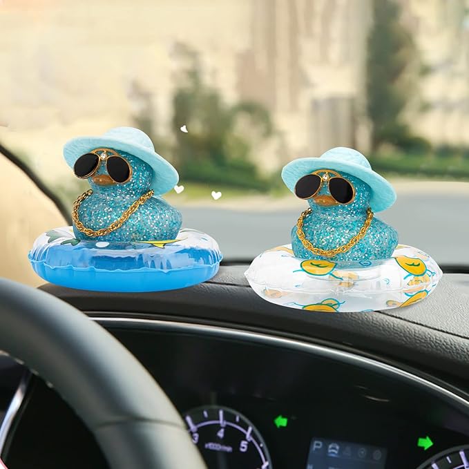 wonuu 2Pcs Car Dashboard Decorations Color Ducks, Rubber Duck for Car Ornament Accessories with Mini Hat Sunglasses Necklace and Swim Ring, B_Blue Duck+Blue Sun Hat&Blue Sun Hat