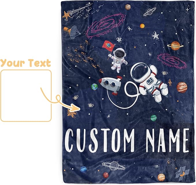 Custom Baby Blanket, Personalized Baby Blankets with Name for Boys Girls, Flannel Double Layer Dotted Backing Receiving Swaddle for Infant Toddler, Customized Gift, Astronaut Pattern(47"x60")
