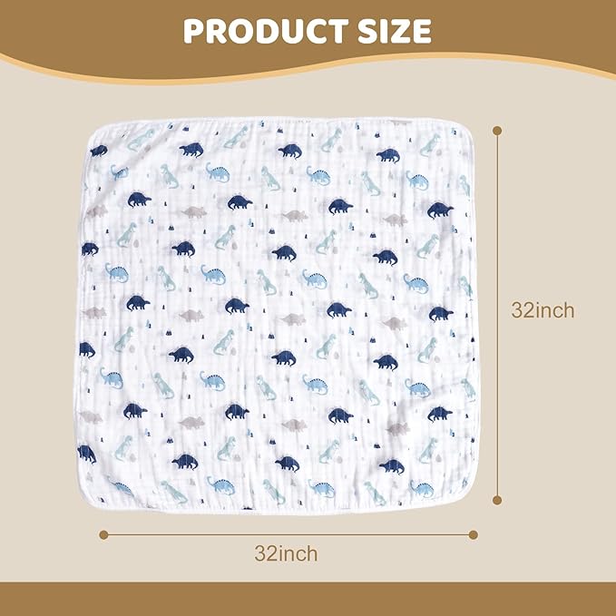 david's kids 2 Pack Hooded Baby Towels, 100% Muslin Cotton 6-Layer Ultra Soft Breathable Absorbent Baby Bath Towels for Infant and Toddler, Newborn Essentials, Large 32x32Inch, Dinosaur