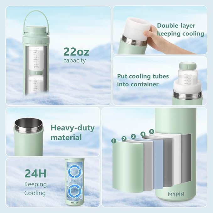 MYPIN 22oz Portable Breast Milk Cooler for Outdoor, 360° Cooling Tubes for 24 Hours with 2pcs Baby Bottles Reusable Storage Container, Larger Capacity Stainless Steel Travel Breastmilk Chiller