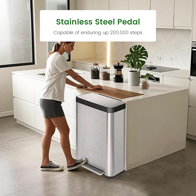 18 Gallon Stainless Steel Step Trash Can with Soft-Close Lid & Stay-Open, Rectangular Kitchen Garbage Bin for Home & Office, Tall Trash Bin No Liner Needed (70 Liter Larger Capacity)