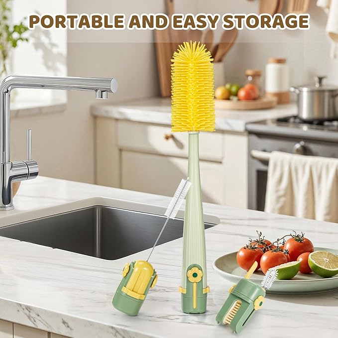 Orzbow 2 Pack Baby Bottle Brush, 5 in 1 Travel Baby Bottle Brush Set, Including Silicone Bottle Cleaner Brush, U-Shaped Rim Brush, Straw Brush, Crevice Brush & Seal Removal Rod, Green