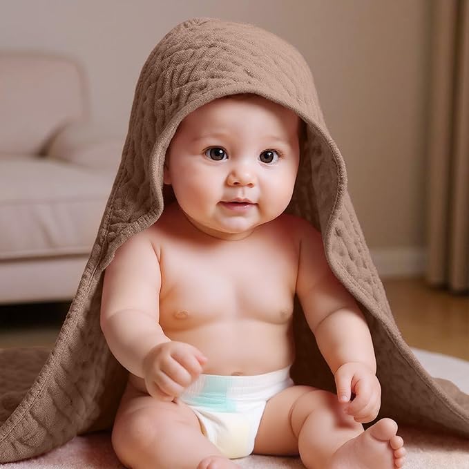 VitalCozy 6 Pcs Baby Muslin Hooded Bath Towels and Washcloths, 32 x 32 Inch Muslin Cotton Hooded Baby Towels Absorbent Blankets for Gift Newborn Infant Shower(Light Bean Paste, Rose Pink)