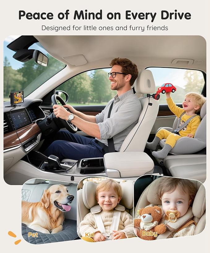 Babyvue BV3 PRO Baby Car Camera for 2 Kids - 7.2" Large HD Display Dual Channel Baby Monitor, 1080P IR Night Vision Car Seat Camera, Easy Install Rear-Facing View – Ideal for Kids and Pet Safety