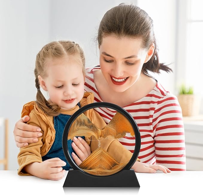 Moving Sand Art Liquid Motion, 3D Deep Sea Sandscape Color Quicksand Decor, Round Glass Moving Sand Art Picture Relaxing Desktop Home Office Work Decor (Orange, 7 inch)