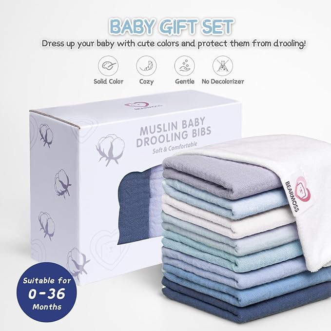 Bearmoss Muslin Baby Drooling Bibs 8 Pack, 100% Cotton Square Adjustable Bandana Bibs Gift for Baby Girls Boys Teething Drool