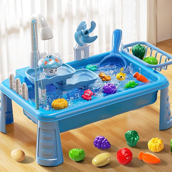 Water Table Play Sink Toy for Kids 2 3 4 5 6 Years Old - Outdoor Kitchen with Running Water, Fishing Games, Toddler Water Play Table for Kids Ages 3-8, Beach Outdoor Toys, Summer Gifts(Blue)