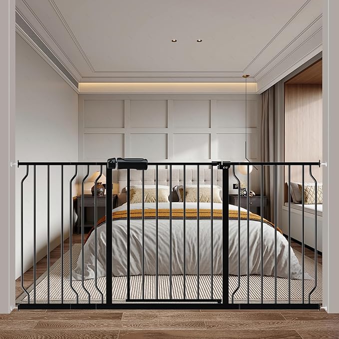 Extra Wide Baby Gates for Doorways 52.76"-62.20" Extra Wide Baby Gate Dog gate Pressure Mounted No Drilling with Walk-Through, Auto-Close & Dual-Direction Swing for Large Wide Opening Black