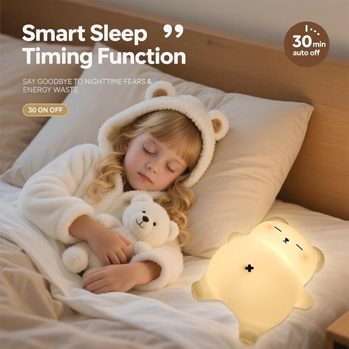 Squishy Night Light for Kids, Bear Silicone Night Light - Rechargeable with Soothing Snore Sounds & Moving Tummy, 3-Level Dimming Touch Control