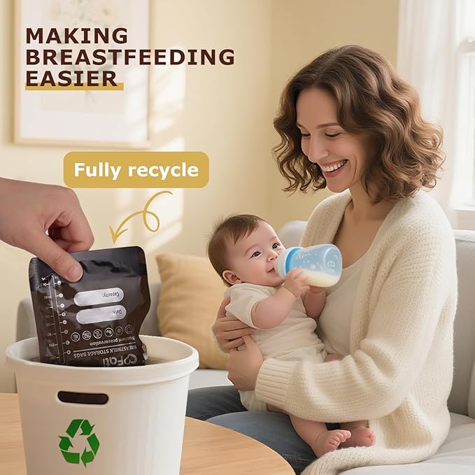 FATI Breastmilk Storage Bags-60 Pcs, 8Oz Blackout Breast Milk Storing Bag with Pour Spout for Baby Bottle Feeding/Breast Pump, No-Leak Milk Freezer Storage Pouches Self-Standing, Baby Essentials