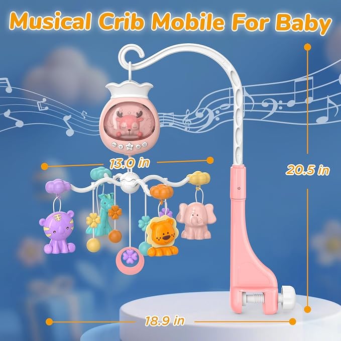 Crib Mobile with Music and Lights, Baby Mobiles for Cribs, Nursery Mobile Arm Hanging Toys for Bassinets Girls Boys Babies, Musical Infant Space Portable Mobiles Clip On Pack and Play Hanger