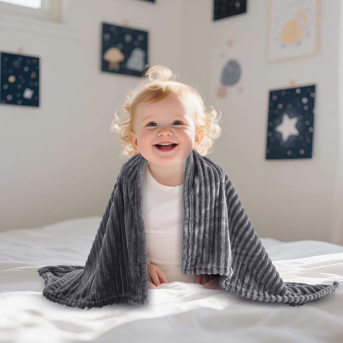 Soft Fleece Baby Blanket Ultra Cozy Grey Baby Blankets for Boys Warm and Lightweight Infant Toddler Newborn Receiving Gift with Reversible Stripes for Crib Stroller, 30x40 Inch, Dark Grey