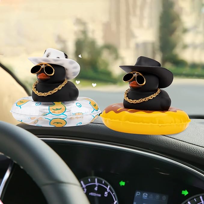 wonuu 2Pcs Car Dashboard Decorations Color Ducks, Rubber Duck for Car Ornament Accessories with Mini Hat Sunglasses Necklace and Swim Ring, A_Black Duck+Black Cowboy&Black Spots Cowboy