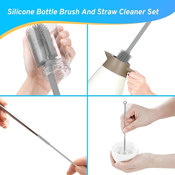 Silicone Bottle Brush Set with Straw Cleaner Brushes, Multi-Purpose Bottle and Jar Cleaner, Easy to Use and Dry, Heat Resistant Sturdy