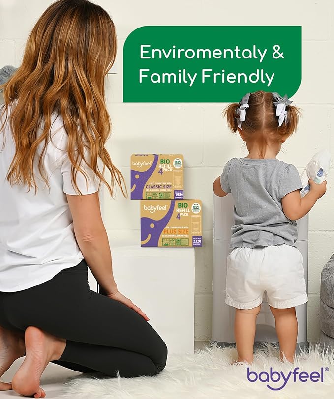 Babyfeel BIO Refills Compatible with DEKOR CLASSIC Diaper Pails | 100% Compostable |4 Pack |50% Extra Thickness | Compost Refill bags with Running Low Indicator |Powerful Odor Control | Fragrance-free