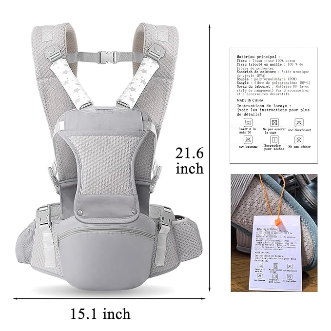 Baby Carrier with Hip Seat for Newborn to Toddler, 6-in-1 Ergonomic Infant Carrier for 0-36 Month Baby, All Positions Soft Breathable Mesh Wrap Carrier with Waist Stool, Baby Holder-Grey