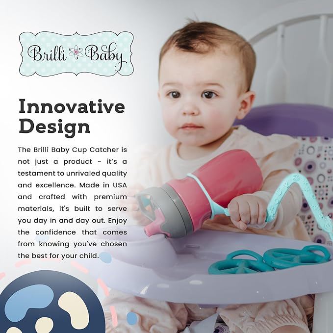 Brilli Baby Cup Catcher Patented Safety Tether Strap, Attach Sippy Cups, Bottles, Pacifiers & More to Stroller, High Chair, Car Seat, Made in USA, Food Grade, Dishwasher Safe (Lavender & Aqua)