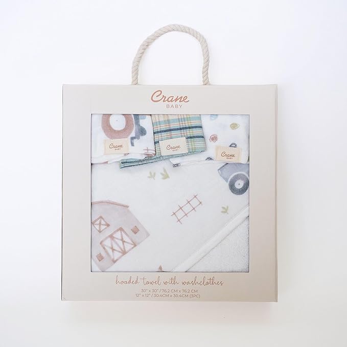 Crane Baby Hooded Towel & Washcloth Set, Charlie Farmhouse Tractor Hooded Baby Towels and Washcloths Set, Baby Bath Essentials, Washcloths for Newborn, Muslin Towel for Babies