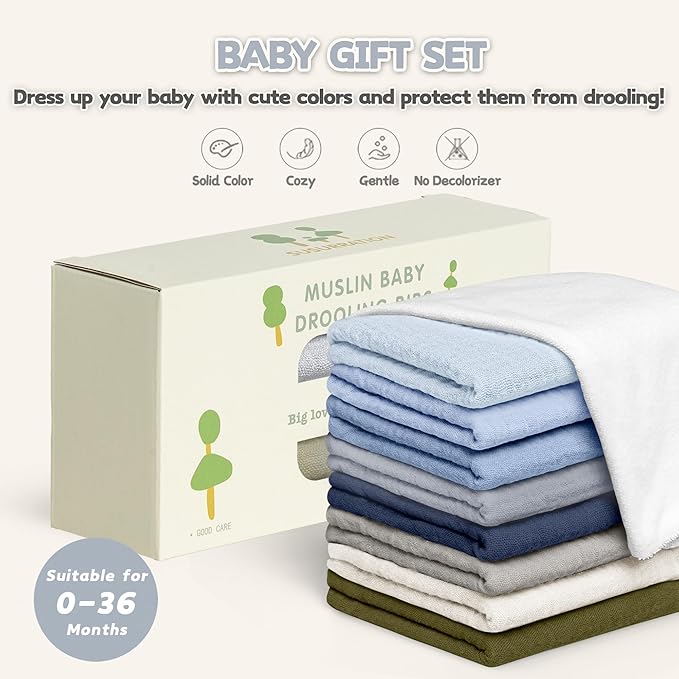Susurration Muslin Baby Bibs 8 Pack Bandana Drool Bibs, Soft Square Adjustable Baby Drooling Bibs for Unisex Girls & Boys
