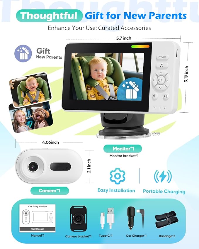 Wireless Baby Car Camera with Upgraded Auto Night Vision, 1080P HD Car Baby Monitor with 360° Adjustable, Easy Install Rear Facing Carseat Mirror, Newborns Travel Essentials Gifts - White