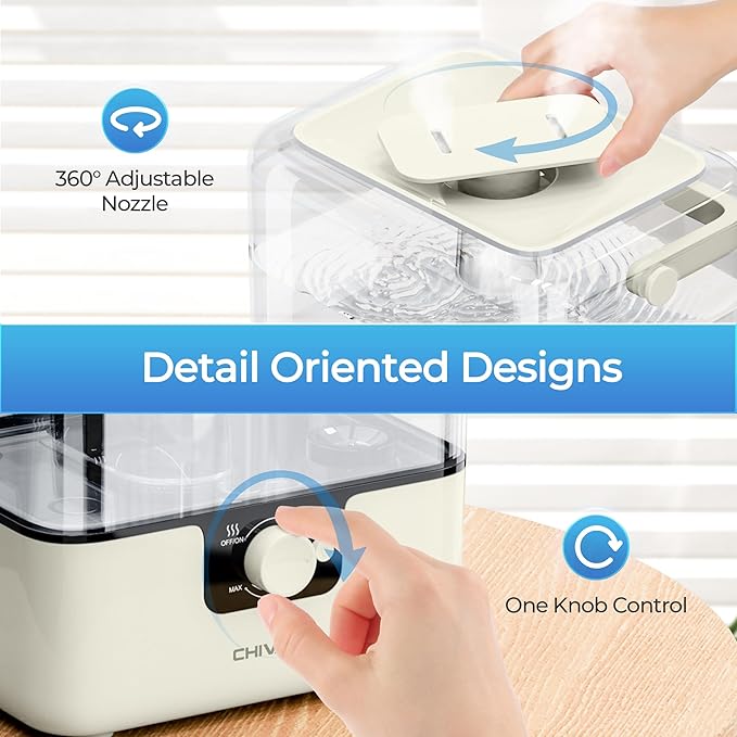 CHIVALZ Humidifiers for Bedroom, 6L Cool Mist Humidifiers for Baby Nursery, 26dB Quiet, 50H Runtime, Top Fill Humidifier for Large Room, Home, Plants, Nightlight, Oil Diffuser 1 Pack CreamyYellow