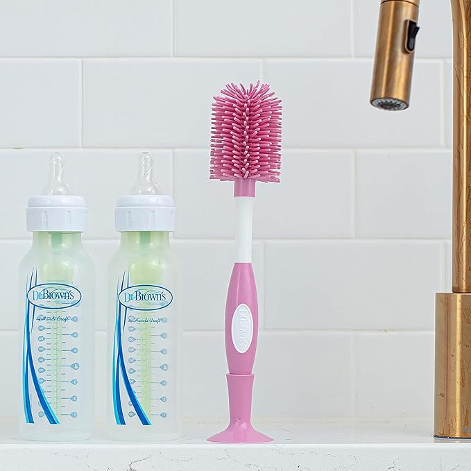 Dr. Brown's Soft Touch No Scratch Baby Bottle Cleaning Brush Nipple Cleaner with Stand and Storage Clip, BPA Free, Pink 4-Pack