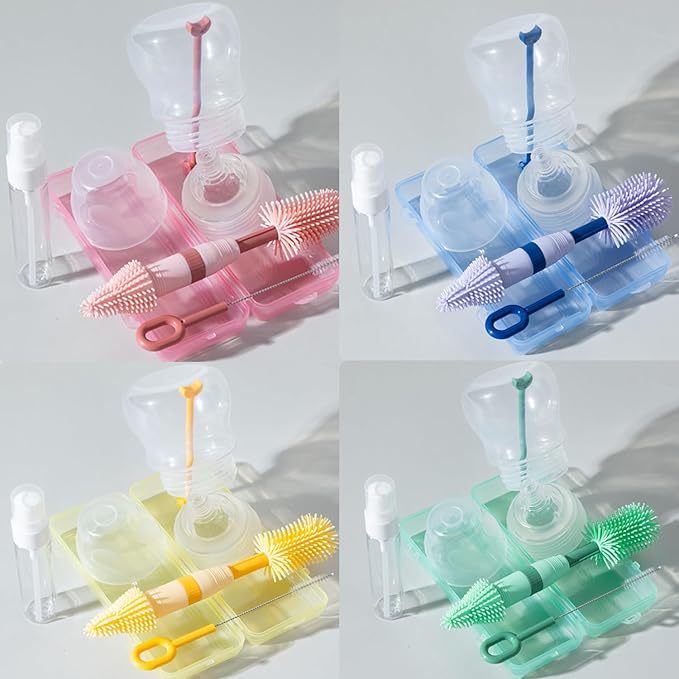 Travel Bottle Brush, 6-in-1 Portable Travel Bottle Cleaner Kit with Small Bottle Brush Built in Drying Rack, Nipple Brush, Straw Brush, Soap Dispenser, for Baby Bottles Under 8 OZ, BPA-Free(Purple)