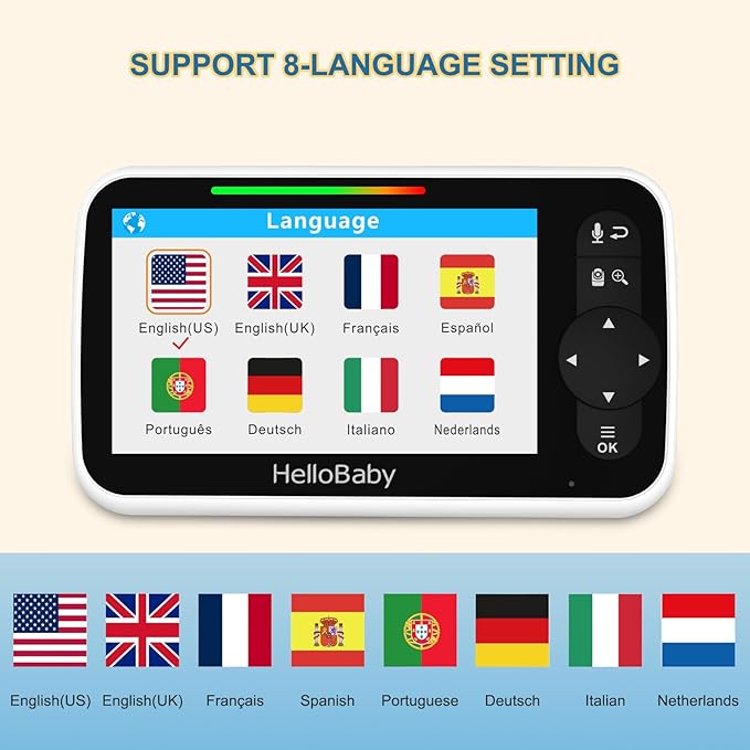 HelloBaby 5 Inch Video Baby Monitor with Camera and Audio, Remote Pan-Tilt-Zoom Camera with Night Vision, 2-Way Talk, Temperature, 8 Lullabies and 1000ft Range Baby Monitor No WiFi Needed