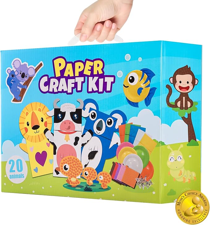DINSUMRUG 20 Animal Arts & Crafts Kit for Kids 4-6, All-Inclusive Toddler Craft Box with Paper Plates, Puppets, Fun Activities, Tigers, Lions (134 Characters) (Animal)