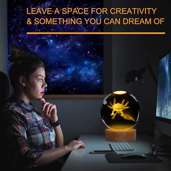 Axolotl Night Light with Upgraded 3.15 Inch 3D K9 Crystal Ball, Axolotl Lamp with Remote 16 Color Gifting Box for Birthday Xmas Cool Axolotl Figurines Gifts for Room Decor Boys Girls