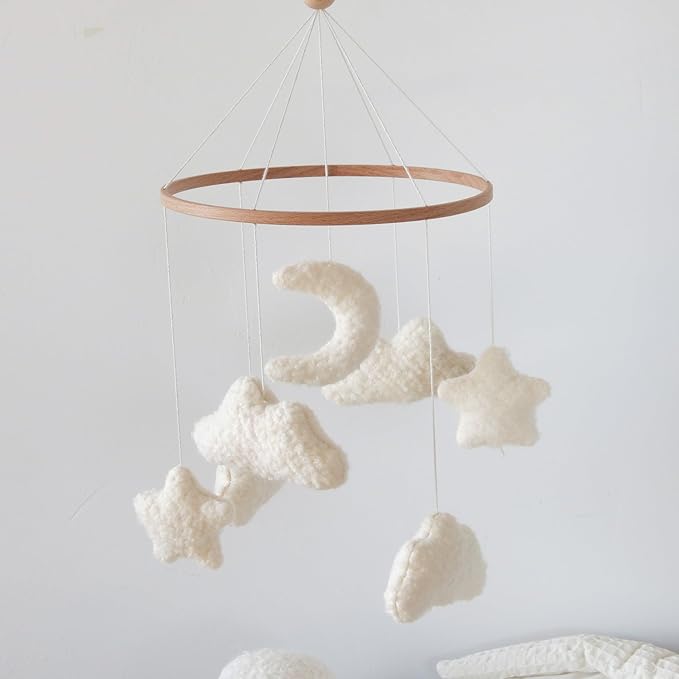 Cloud Crib Mobile Baby Mobile for Crib Neutral Boho Moon and Clouds Mobile Neutral Nursery Décor Boucle Mobile