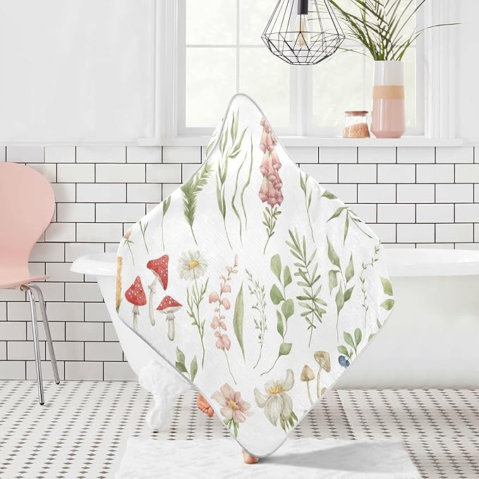 Pigsaly Watercolor Wild Flowers Hooded Baby Towel Meadow Herbs Leaves Baby Bath Towel Unisex Soft Organic Cotton Washcloths Toddlers Shower Gifts for Boys Girls Newborn 30 x 30 in