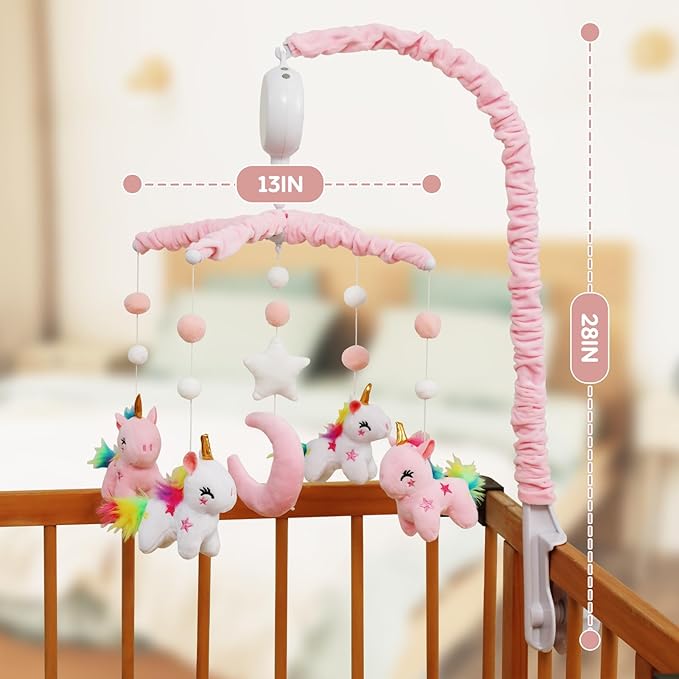 Baby Crib Mobile - Unicorn Crib Mobile for Girls with 25 Inches Mobile Arm and 35 Lullabies Musical Box, 3 Modes Digital, Volume Control, Essential Gift for Infant Bedroom Hanging Decor