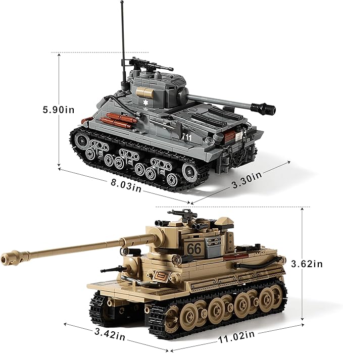 WW2 Army Tank Toys Building Kit Compatible with Lego, Create a German Tiger & an American M4 Sherman Models with 1184 Blocks, Great Military Toy Gifts for Boys, Kids Age 8-14