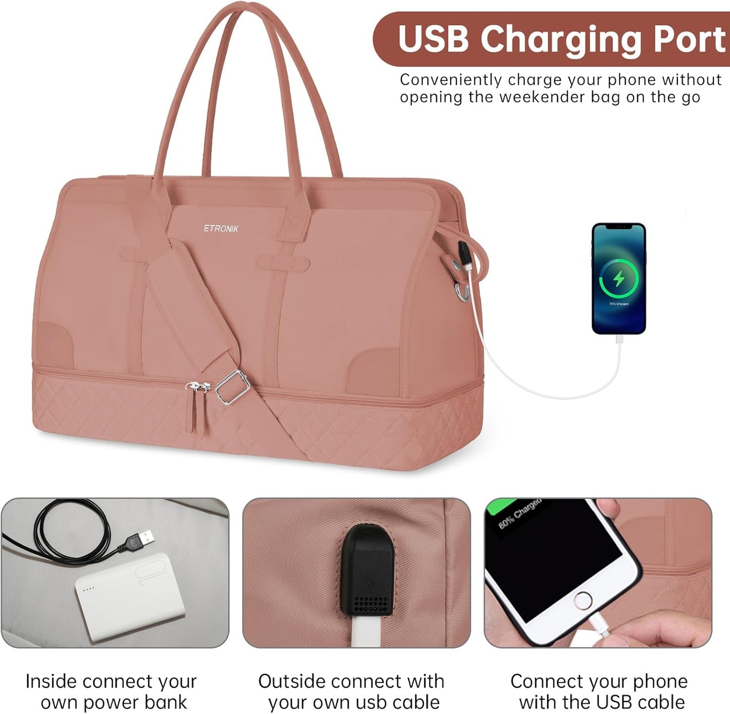 ETRONIK Weekender Overnight Bag for Women, Large Travel Duffle Bag with Shoe Compartment & Wet Pocket, Carry On Tote Bag Gym Duffel Bag with Toiletry Bag, 3 Pcs Set, Large Size, Brown Orange