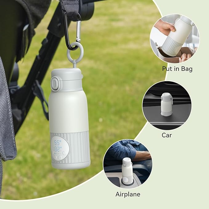 Portable Bottle Warmer for Travel,Fast Heating & Precise Temp Control for Baby Breast Milk & Water,Bottle Warmer for Outdoors/Home/Car..,13.5 Ounces Large Capacity to Meet Your All-Day Needs(Gray)