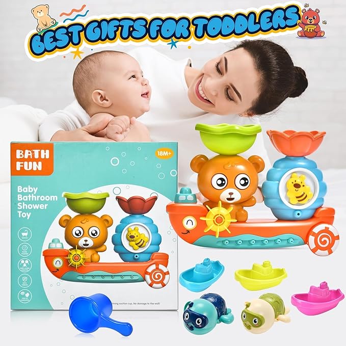 Baby Bath Toys Toddlers 1-3 Bear Kids Bath Tub Toys with 2 Turtle Swimming Wind up Water Toys & 3 Floating Boat Bathtub Toys for Infants Boys Girls 18+ Months Gifts Box Set