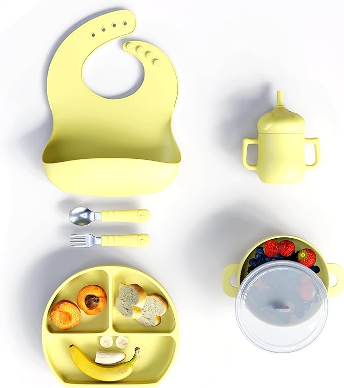 mimi & kiki BPA-Free Silicone Baby Feeding Set, Baby Plates and Bowls Set, Baby Led Weaning Supplies, Silicone Suction Plate, Baby Utensils, Bib and Cup, Self Feeding, Dishwasher Safe (Yellow)