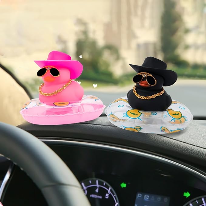 woonu 2Pcs Car Dashboard Decorations: Color Ducks & Cowboy Accessories with Mini Hat Sunglasses & Swim Ring - Pink & Black Ducks, Pink & Black Cowboys