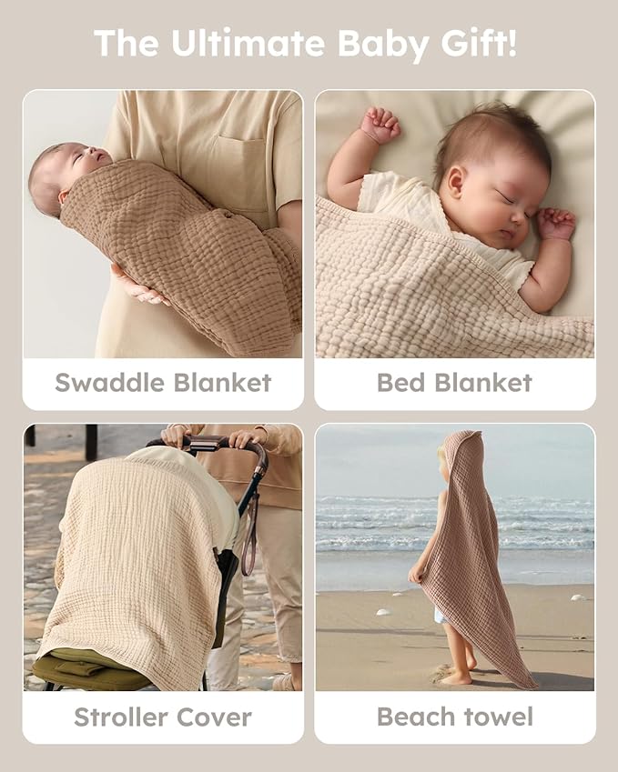 Yoofoss Hooded Baby Towels for Newborn 2 Pack 100% Muslin Organic Cotton Baby Bath Towel with Hood for Babies, Infant, Toddler and Kids, 37.5“x37.5“, Soft and Absorbent Newborn Essential, Beige&Coffee