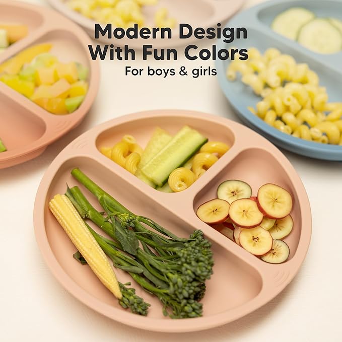 KeaBabies Suction Plates for Baby, Toddler - 3-Pack 100% Silicone Toddler Plates with Suction, Divided, BPA-Free Baby Led Weaning Essentials for Kids, Dishwasher, Microwave Safe, Durable (Burgundy)