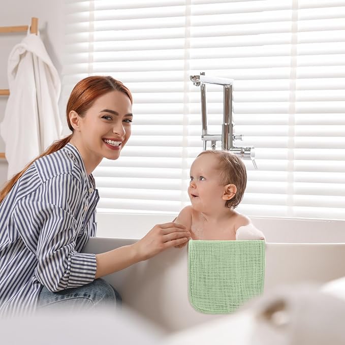 VitalCozy 8 Pcs Baby Muslin Hooded Bath Towels and Washcloths, 32 x 32 Inch Muslin Cotton Hooded Baby Towels Absorbent Blankets for Gift Newborn Infant Shower (Calming Color)