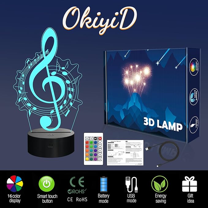 Music Note Gifts for Girls, 3D Illusion Lamp, 3D Music Night Light with 16 Colors Remote and Touch Control, Music Note Decor for Kids Room, Girls Birthday Gifts, FS-2810-9999