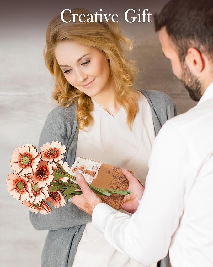 3D Flower Wooden Puzzles for Adults-Gerbera Daisy, DIY Wooden Flowers Model Kit Building Set Crafts for Adults to Build, Botanical Collection/Ideal Creative Gift Ideas/Housewarming (105PCS)