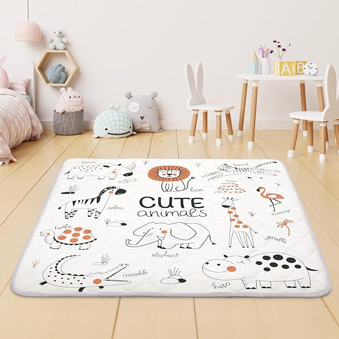 Baby Play Mat for Floor,Soft 50x50 Playpen Mat,Thick Foam Cushioned Playmat for Tummy Time,Safe Non-Slip Backing for Crawling for Kids Toddlers Infants,Line Animals
