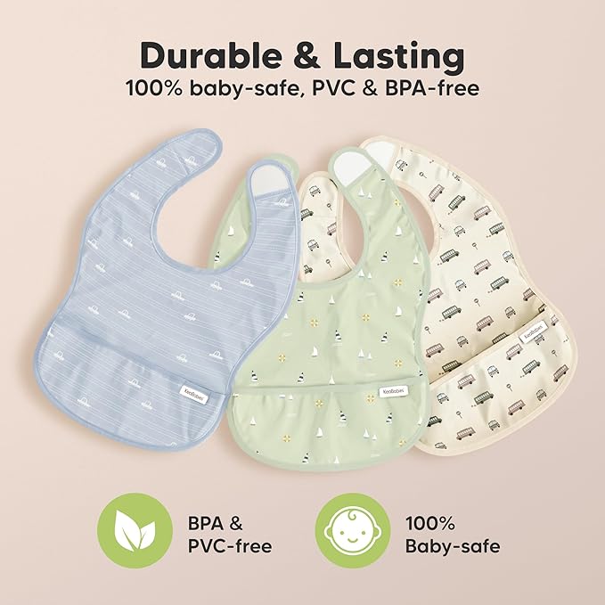 KeaBabies 3-Pack Waterproof Baby Bibs for Eating - Lightweight Toddler Feeding Bibs with Large Food Catcher, Mess Proof, Food-Grade Baby Eating Essentials, Easy to Put On & Clean (Marine Muse)