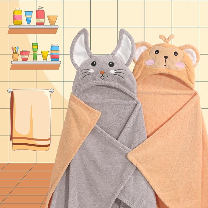 Toddler Towels for Boy, 2 PCS 50"x32" Hooded Baby Towels Boy,Thick Absorbent Bath Towels for Kids, Coral Fleece Animal Kids Towel with Hood, Gray Mouse & Orange Monkey Set