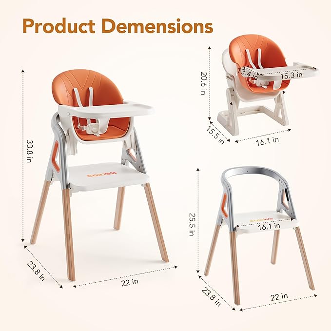 CoziBB Baby High Chair, 6 in 1 Convertible Growing Baby Highchairs for Babies and Toddlers, Baby Chair with Adjustable Dining Tray and Seat, 5-Point Safety Belt,White