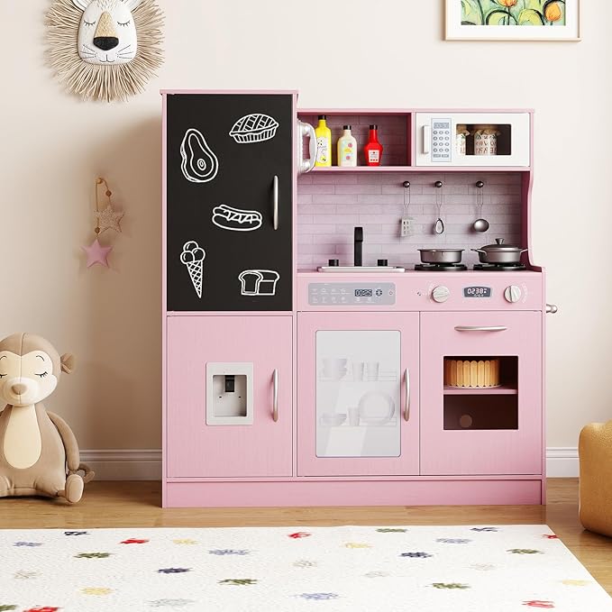 HONEY JOY Upgrade 39 in Kids Kitchen Playset, Large Wooden Little Chef Pretend Toy Kitchen Set w/Chalkboard, Telephone, Utensils, Oven, Microwave, Sink, Storage, Play Kitchen for Toddlers, Pink