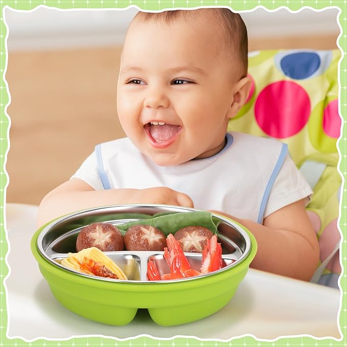 Nuogo 1 Pcs Stainless Steel Baby Suction Plates with Removable Silicone Shell 2-in-1 Metal Toddler Bowl Divided for Picky Eaters Kid Feeding Led Weaning Supply, Dishwasher Safe (Green)